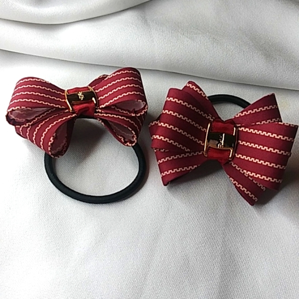 2 pcs small burgandy bow hair tie